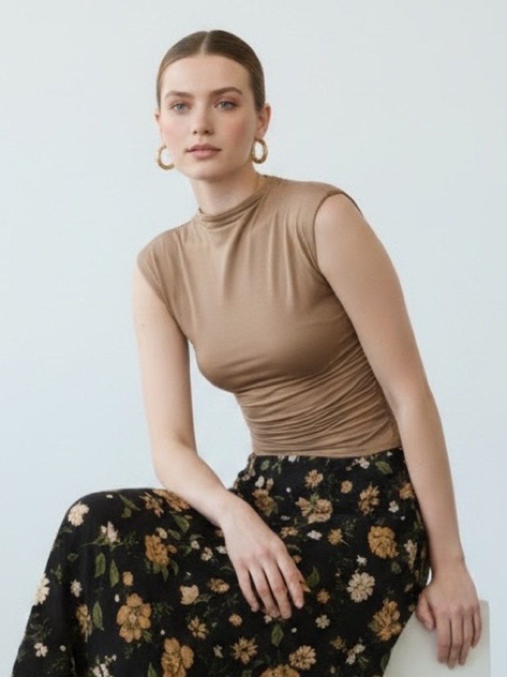 1470 • Taupe Mostly Rayon Knit Ruched Sides Sleeveless Mock Neck Stretchy Top